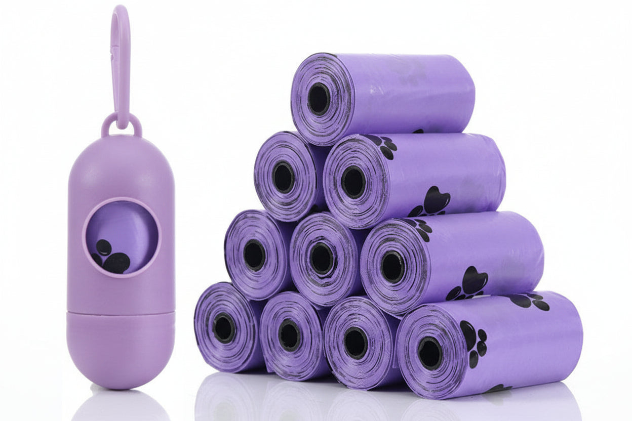 Purple pet waste bags with a dispenser on a white background